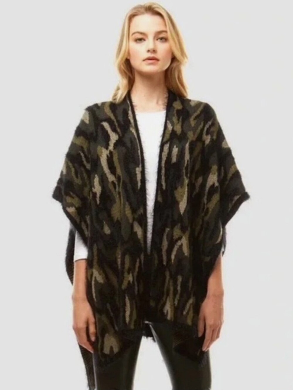 ANTHROPOLOGIE AKEMI + KIN CAMO FUZZY KNIT OPEN FRONT VEST CARDIGAN SZ OS